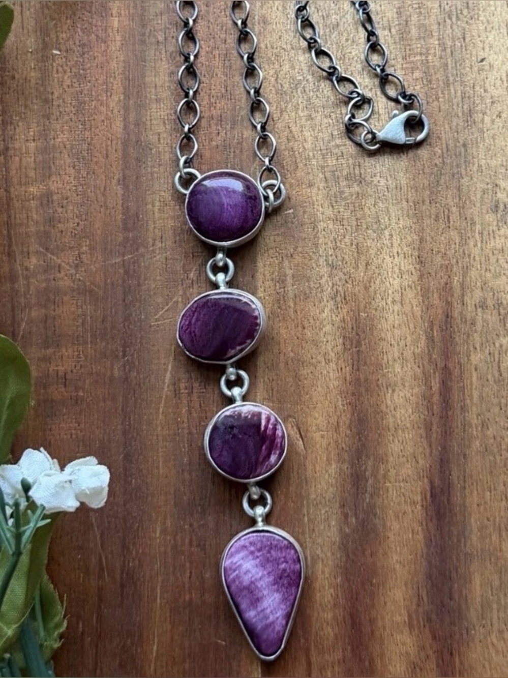 Navajo Sterling Silver Purple Spiny Oyster Lariat Chain Necklace C Shorty
